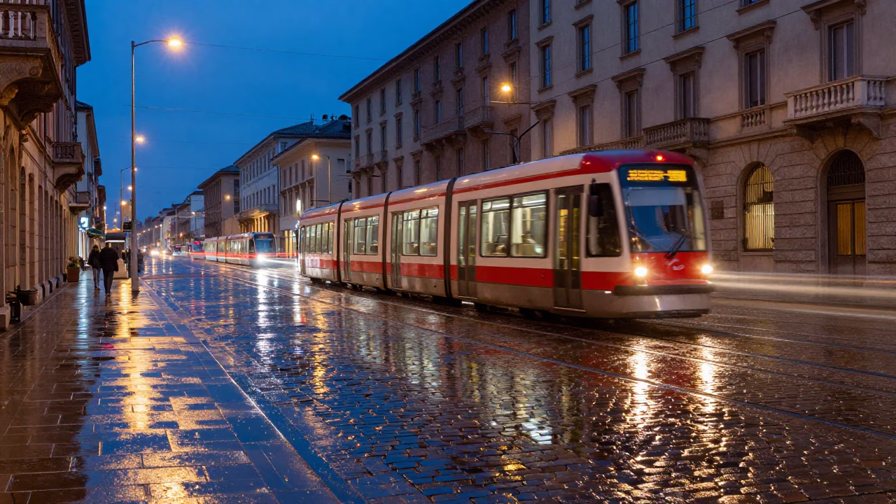 Milan Blue Hour Tram Reflection Rain Cobblestones Cityscape in in Milan, Italy