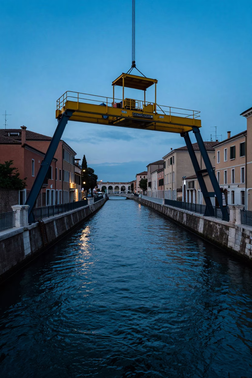 Milan Bridge Maintenance Cradle at Blue Hour Over the Navigli Canals in in Milan, Italy