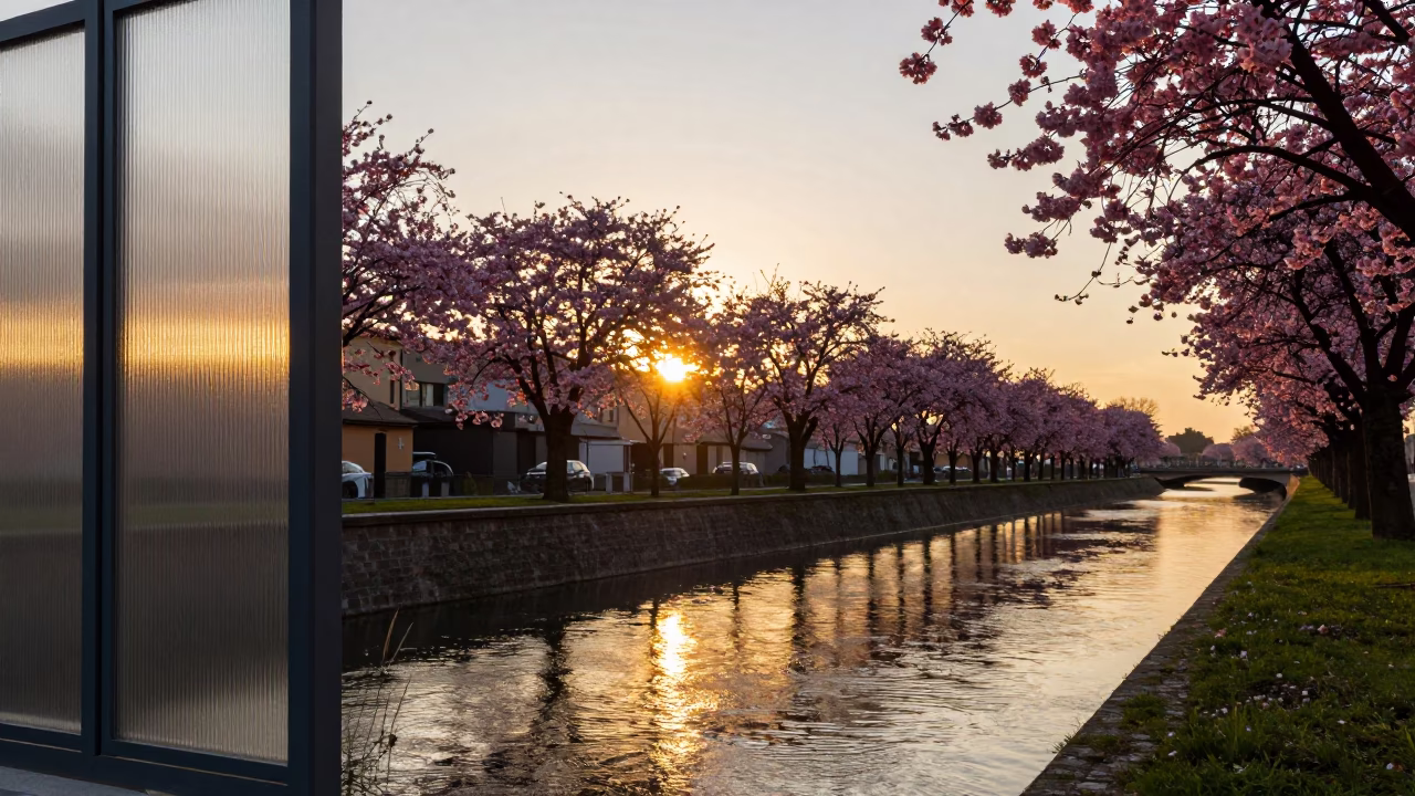 Milan Brushed Steel Window Glass And Cherry Trees Along The Navigli Canal in in Milan, Italy