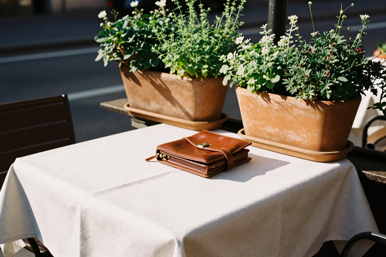 Milan Cafe Terrace Afternoon Scene with Potted Herbs and Open Ledger in in Milan, Italy