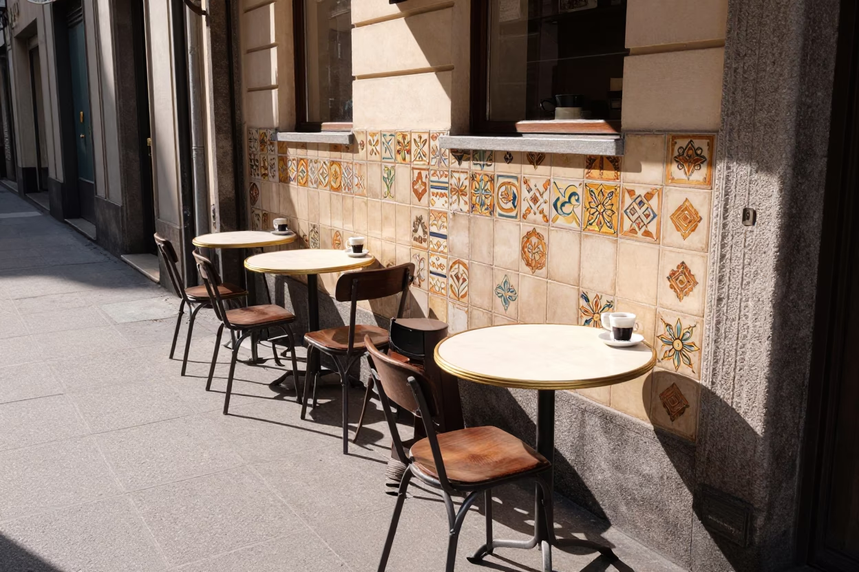 Milan Cafe Terrace at Late Morning Light in in Milan, Italy