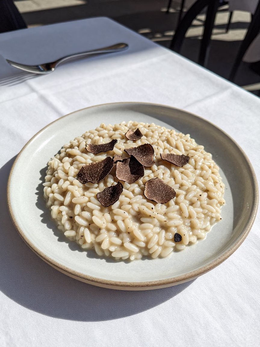 Milan Cafe Terrace Risotto with Truffle in Bright Midmorning Light in in Milan, Italy