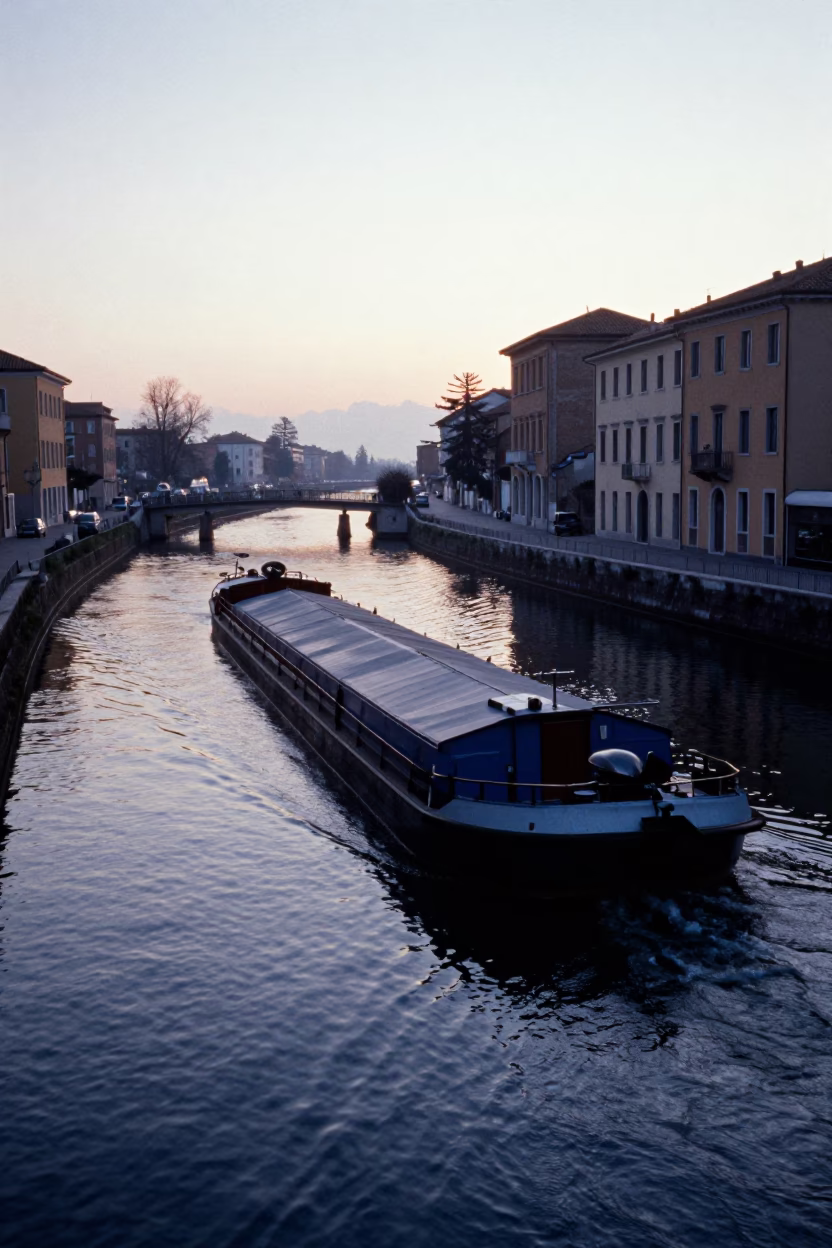 Milan Canal Bend at Dawn with Barge and Bridge Maintenance Cradle in in Milan, Italy