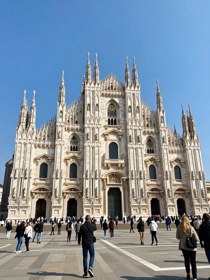Milan Cathedral And Crowded Piazza Del Duomo in in Milan, Italy