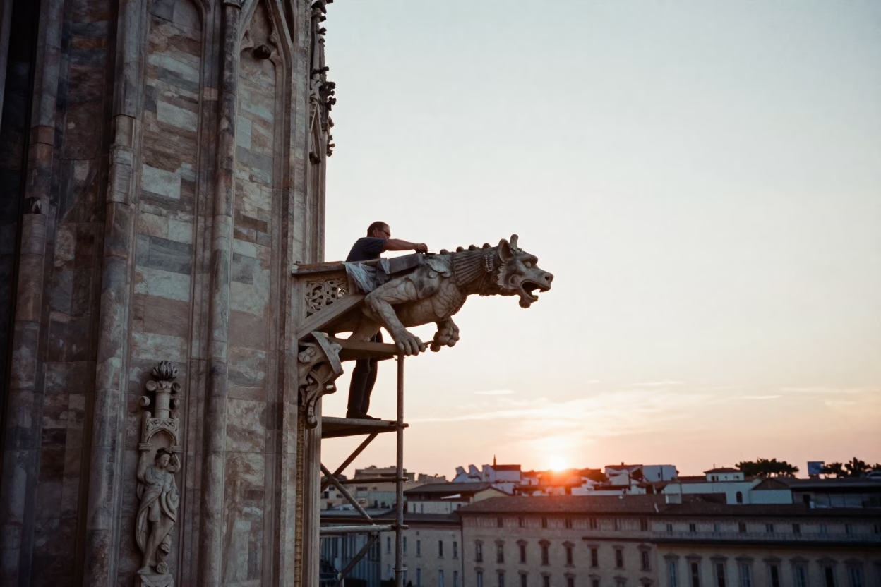 Milan Cathedral Gargoyle Sculpting at Sunset with Historic Stone Details in in Milan, Italy