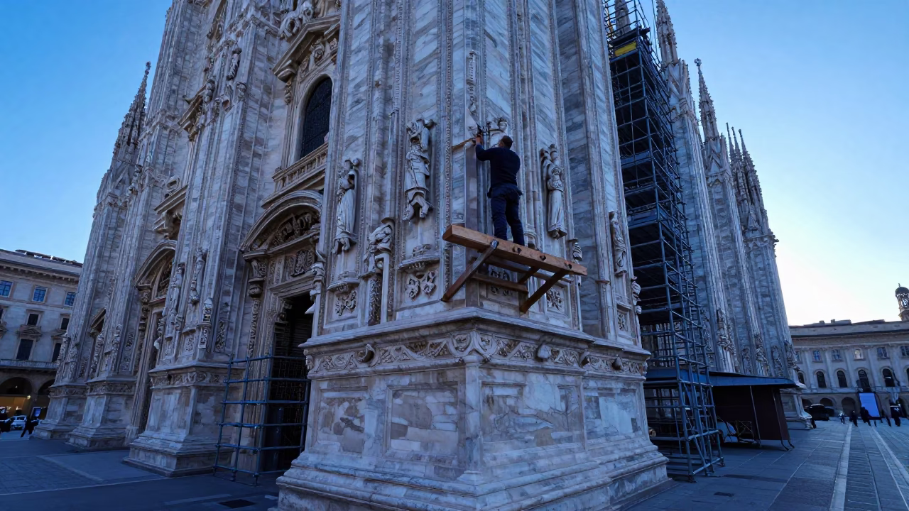Milan Cathedral Gothic Scaffolding at Dawn with Stonemason Carving Gargoyle in in Milan, Italy