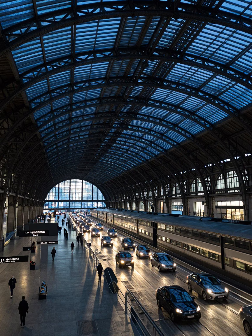 Milan Central Station Evening Rush Under Vaulted Iron Roof with Travelers and Clock in in Milan, Italy