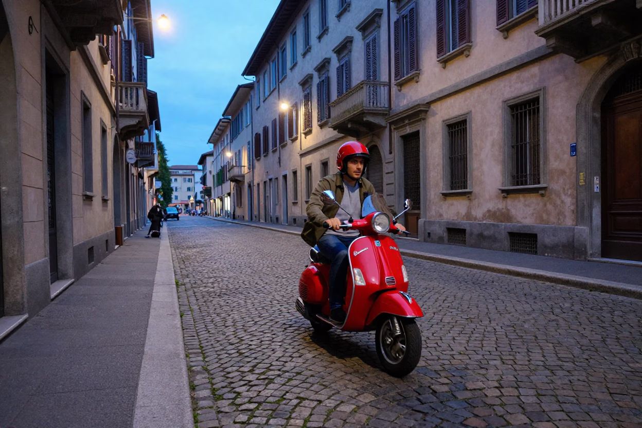 Milan Cobblestone Street at The Last Blue Light Of Evening in in Milan, Italy
