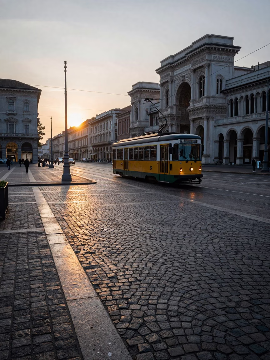 Milan Dawn Light on Cobblestone Piazza with Heritage Tram and Potted Geraniums in in Milan, Italy