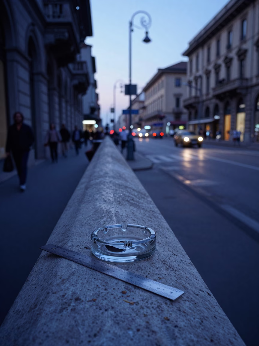 Milan Dawn Street Scene with Ashtray and Ruler on Cobblestone in in Milan, Italy