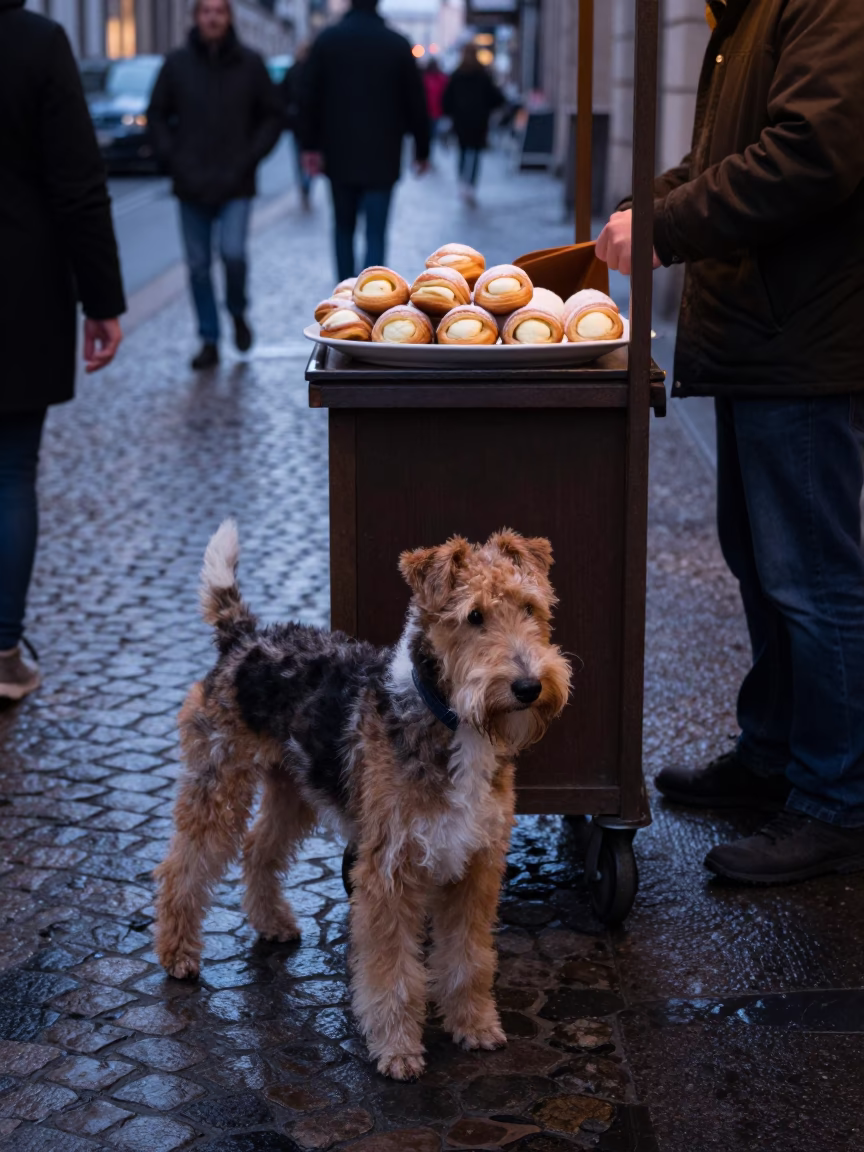 Milan Dawn Street Scene with Bedlington Terrier and Sfogliatelle Plate Before Daybreak in in Milan, Italy
