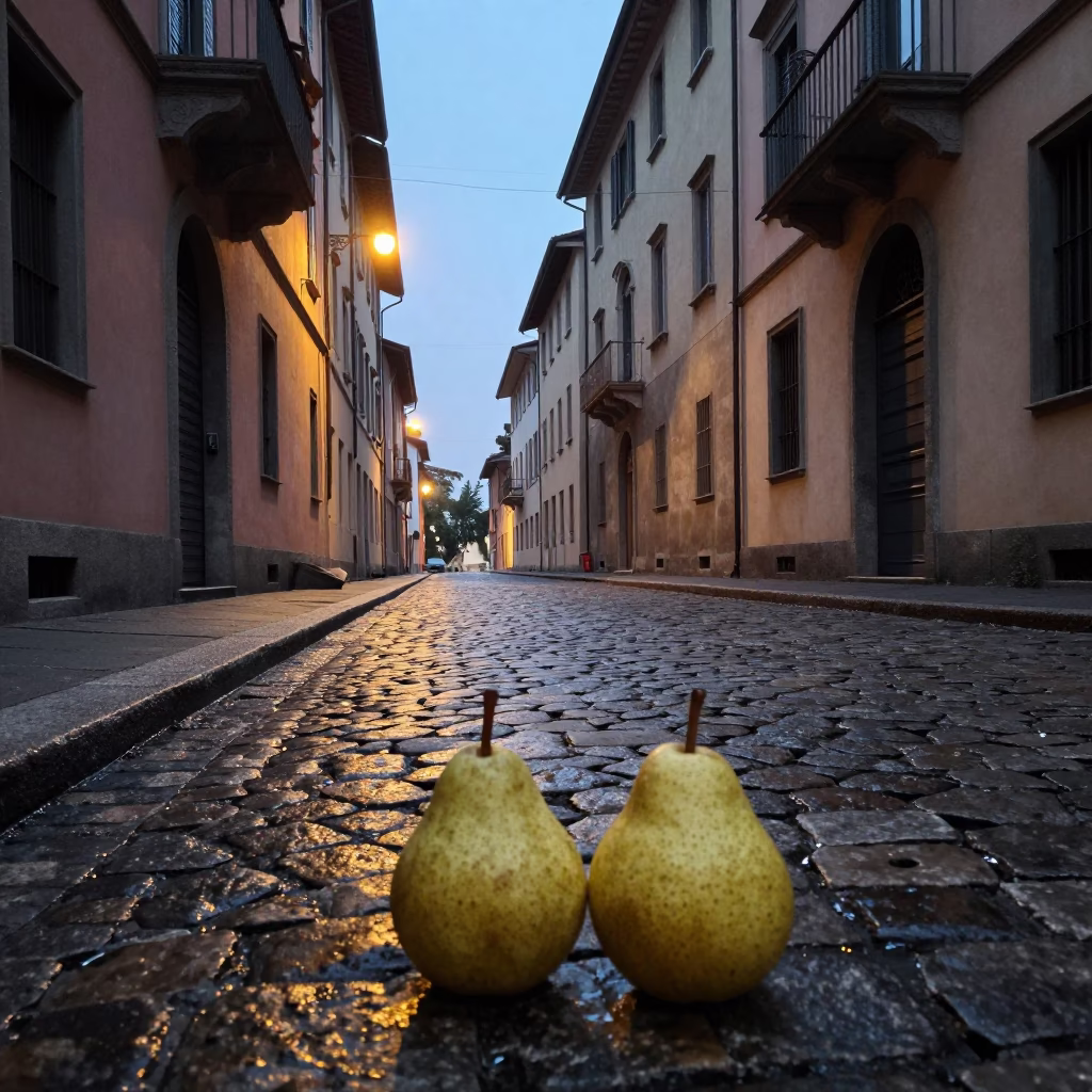 Milan Dawn Street Scene with Corkscrew and Pears on Vintage Table in in Milan, Italy