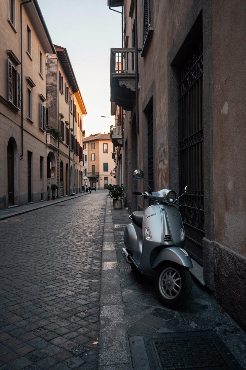Milan Dawn Street Scene with Vintage Vespa and Early Morning Light in in Milan, Italy