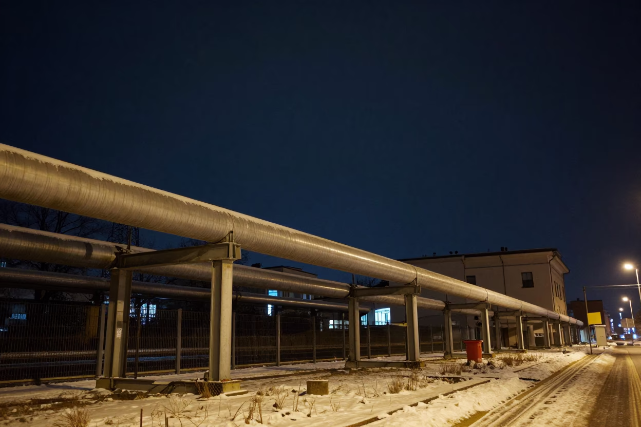 Milan District Heating Pipe Corridor Under Deep Night Sky Snow Covered Ground in in Milan, Italy
