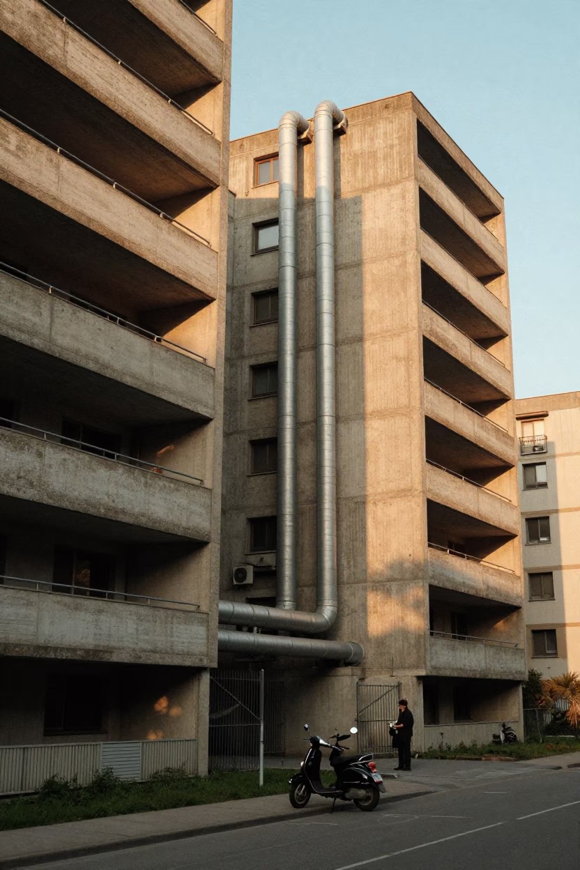 Milan District Heating Pipes Sunset Concrete Apartment Blocks in in Milan, Italy