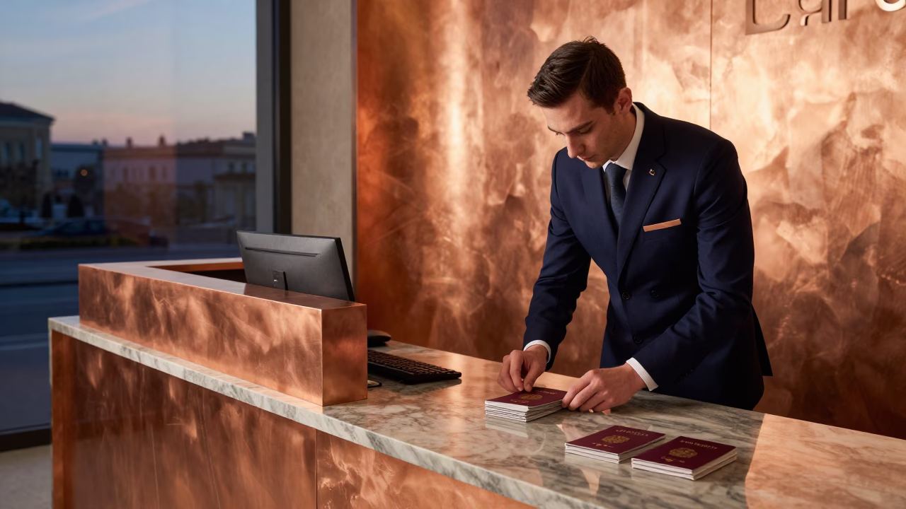 Milan Dusk Copper Light Reception Desk Passports Keycards Fresh Flowers in in Milan, Italy