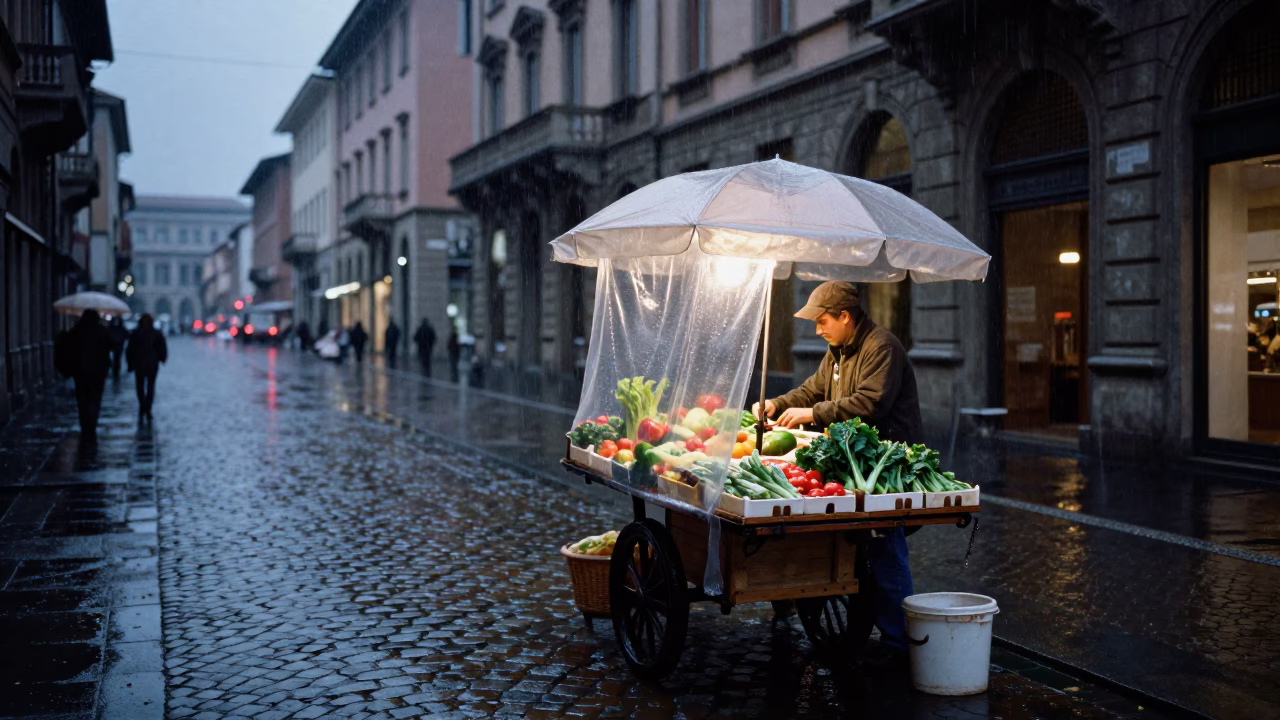 Milan Dusk Rain Streaks Cobblestones Street Vendor Umbrella in in Milan, Italy