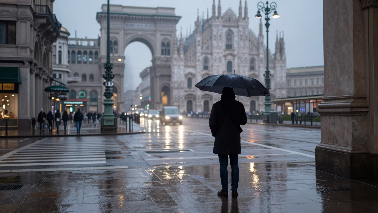 Milan Dusk Umbrella Shelter Street Corner Rainy Evening in in Milan, Italy