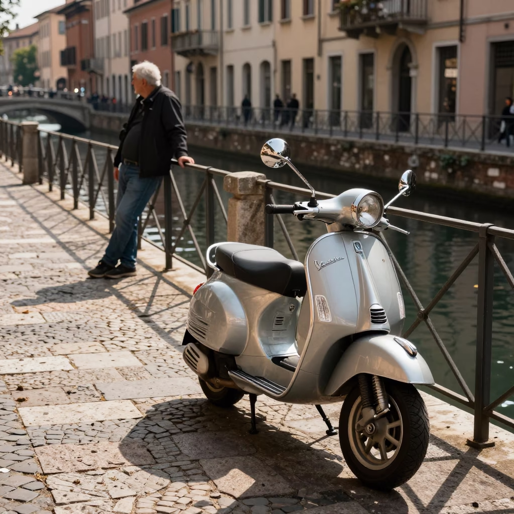 Milan Early Afternoon Street Scene with Scooter and Local Life in in Milan, Italy
