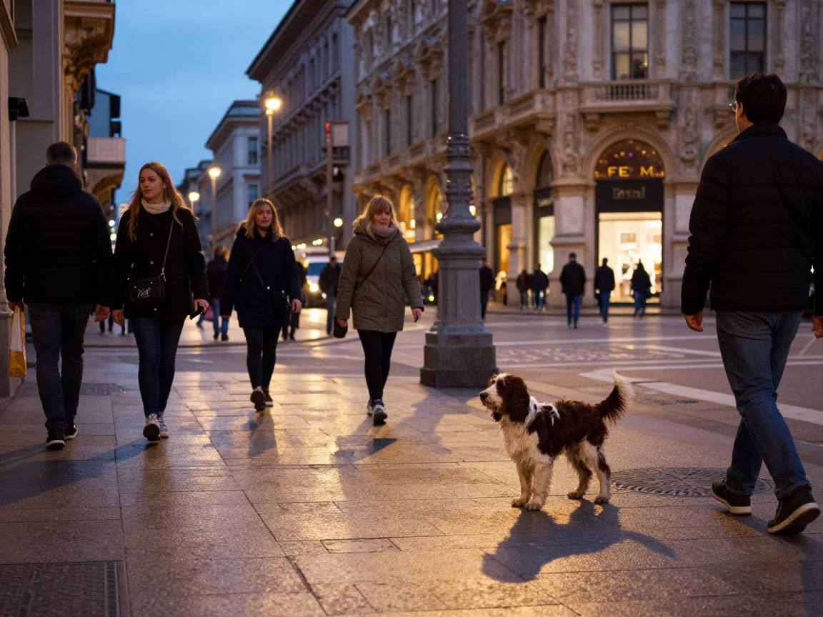 Milan Early Evening Street Scene with Clumber Spaniel and Local Café Details in in Milan, Italy