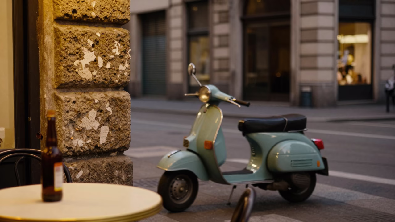 Milan Early Evening Street Scene with Vintage Scooter and Rusty Details in in Milan, Italy
