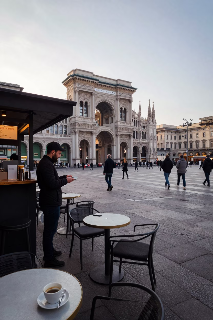 Milan Early Morning Street Scene with Barista Serving Coffee and Espresso Cup in in Milan, Italy