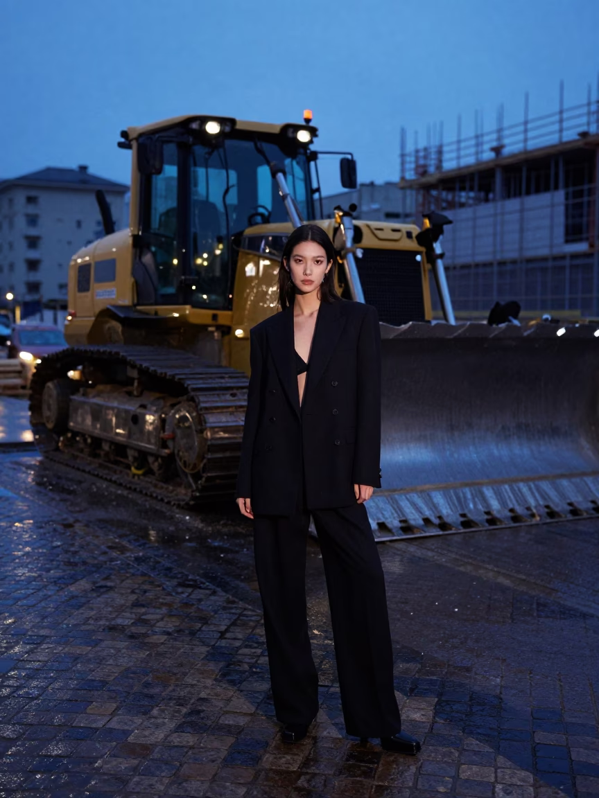 Milan Evening Blue Hour Fashion Portrait Near Construction Site and Substation in in Milan, Italy