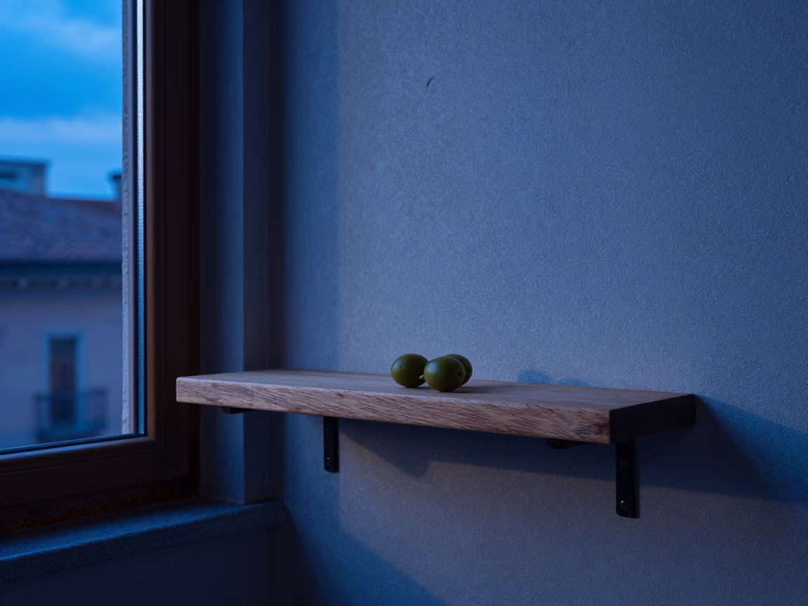 Milan Evening Blue Hour Rustic Wall Shelf and Olive Branch Detail in in Milan, Italy