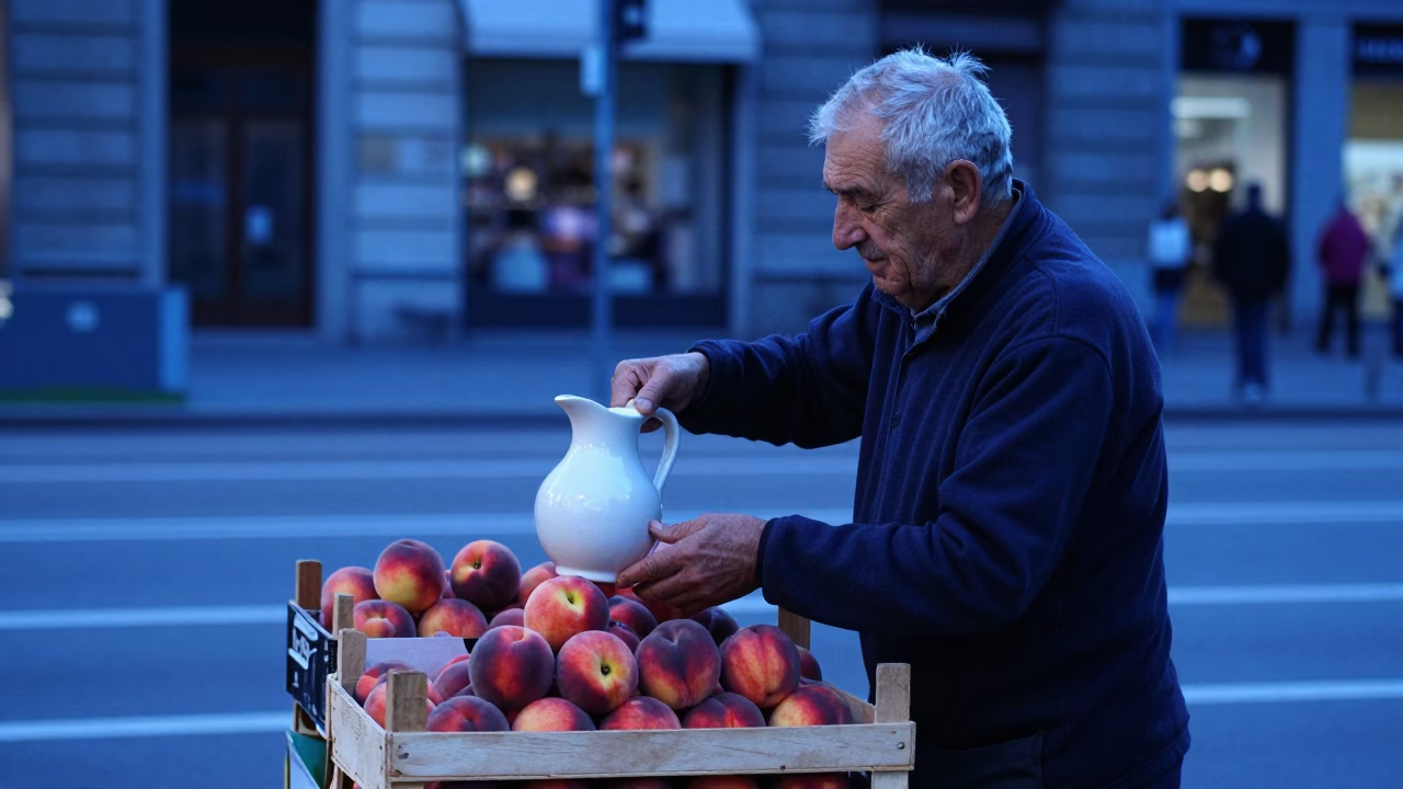 Milan Evening Blue Hour Street Scene with Ceramic Pitcher and Peaches in in Milan, Italy
