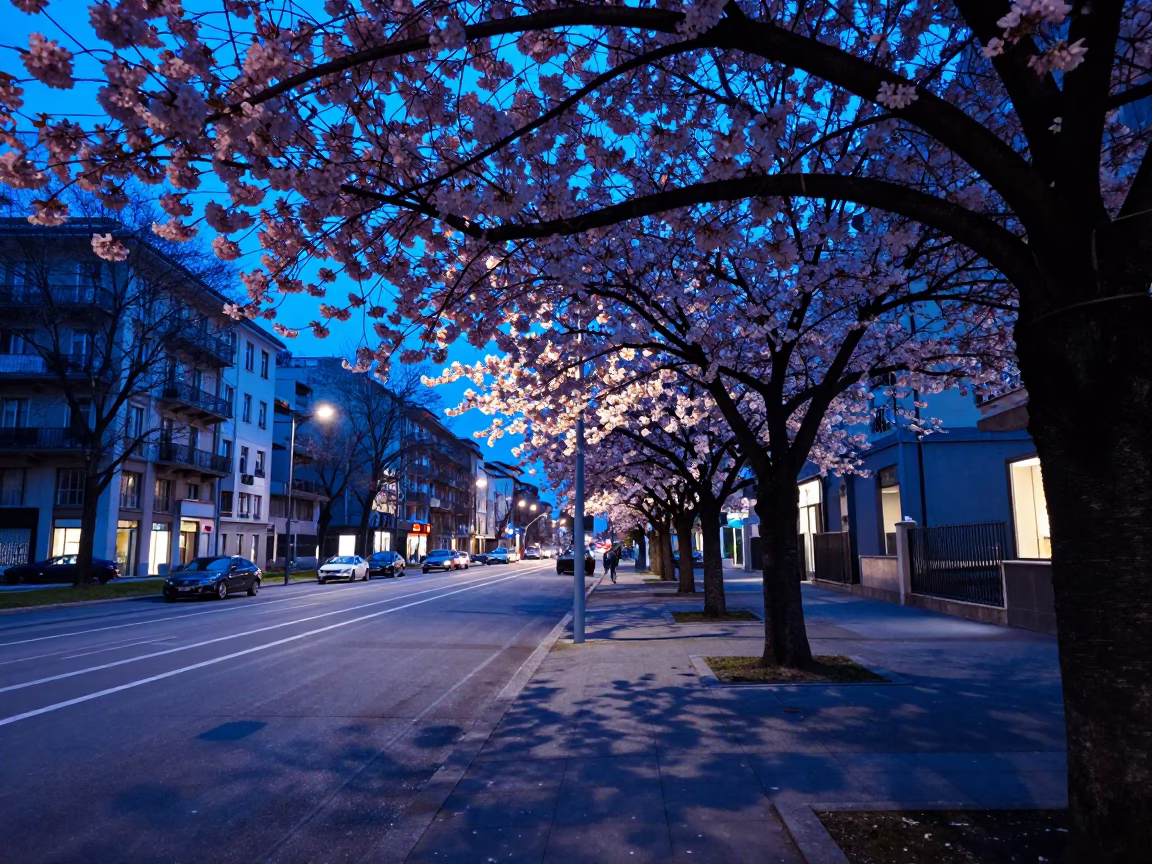 Milan Evening Blue Hour Street Scene with Cherry Blossoms and Urban Infrastructure in in Milan, Italy