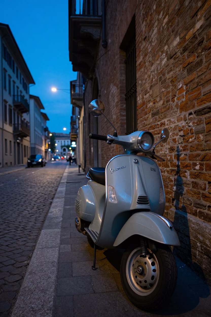 Milan Evening Blue Hour Street Scene with Classic Scooter and Local Shop in in Milan, Italy