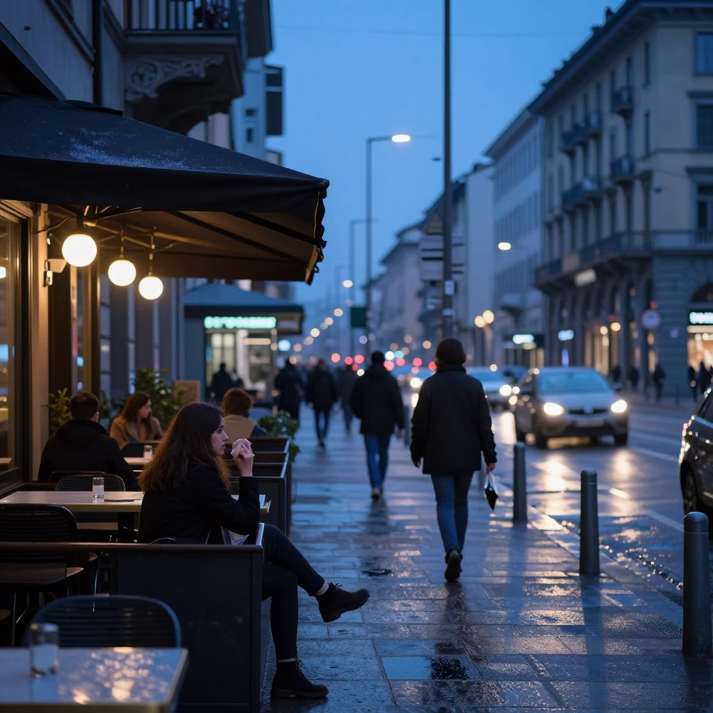 Milan Evening Blue Hour Street Scene with Condensation and Urban Life in in Milan, Italy
