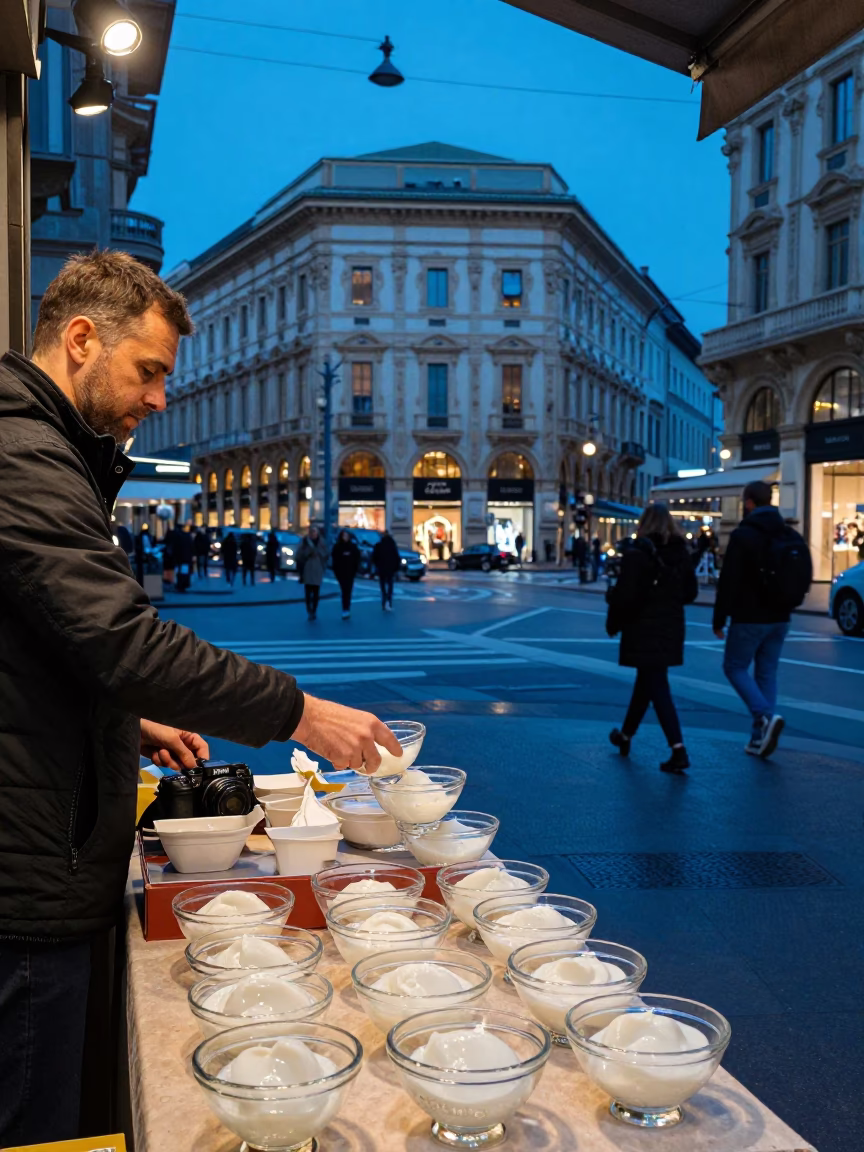 Milan Evening Blue Hour Street Scene with Glass Bowl and Cutlery in in Milan, Italy