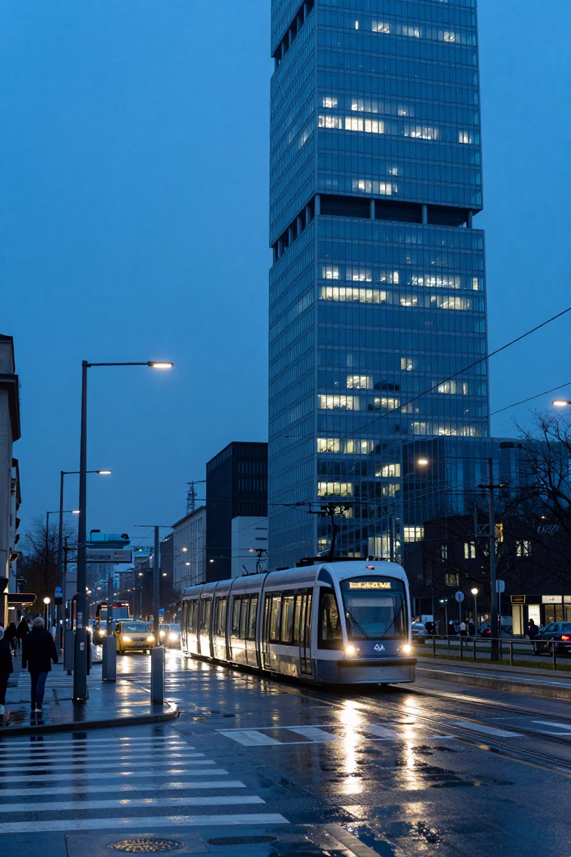 Milan Evening Blue Hour Street Scene with Monorail Reflection in Glass Skyscraper in in Milan, Italy