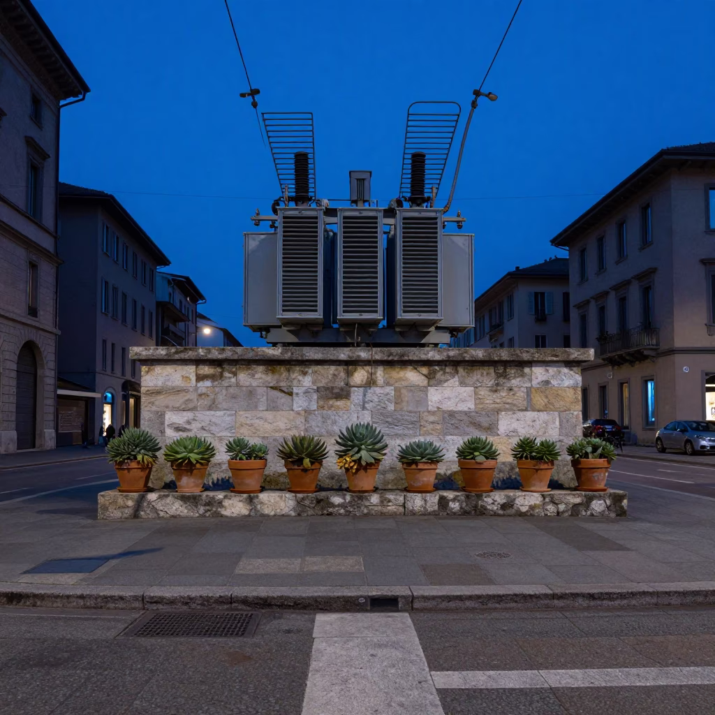 Milan Evening Blue Hour Street Scene with Substation Transformer and Urban Infrastructure in in Milan, Italy