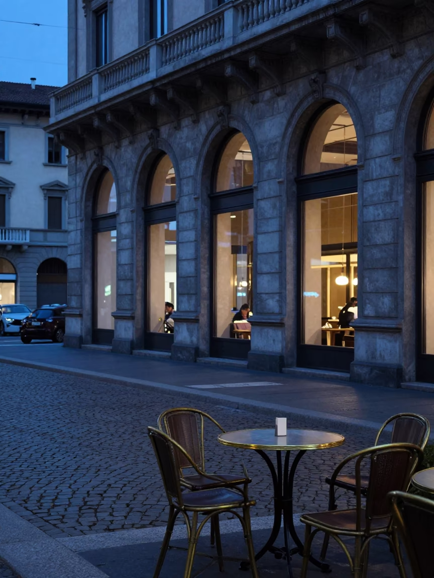 Milan Evening Blue Hour Street Scene with Vintage Brass Microscope on Cafe Table in in Milan, Italy