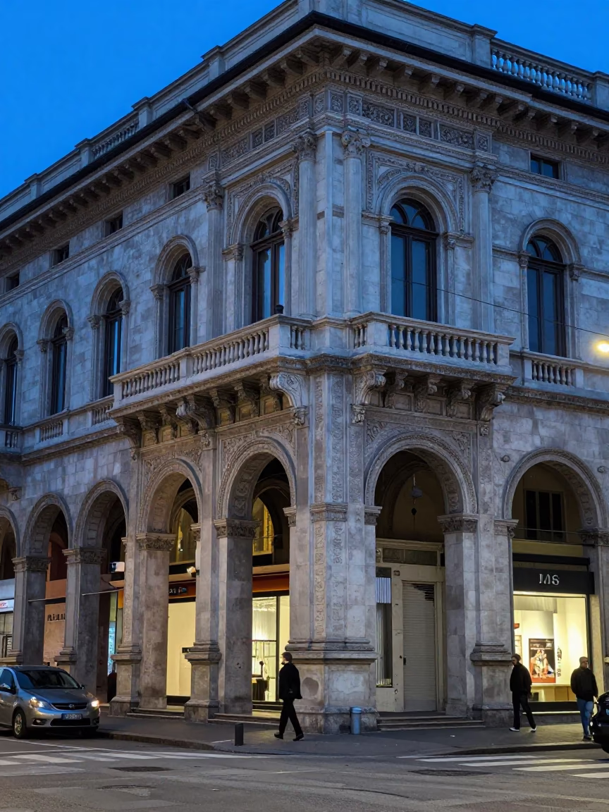 Milan Evening Blue Hour Street Scene with Vintage Details and Urban Life in in Milan, Italy