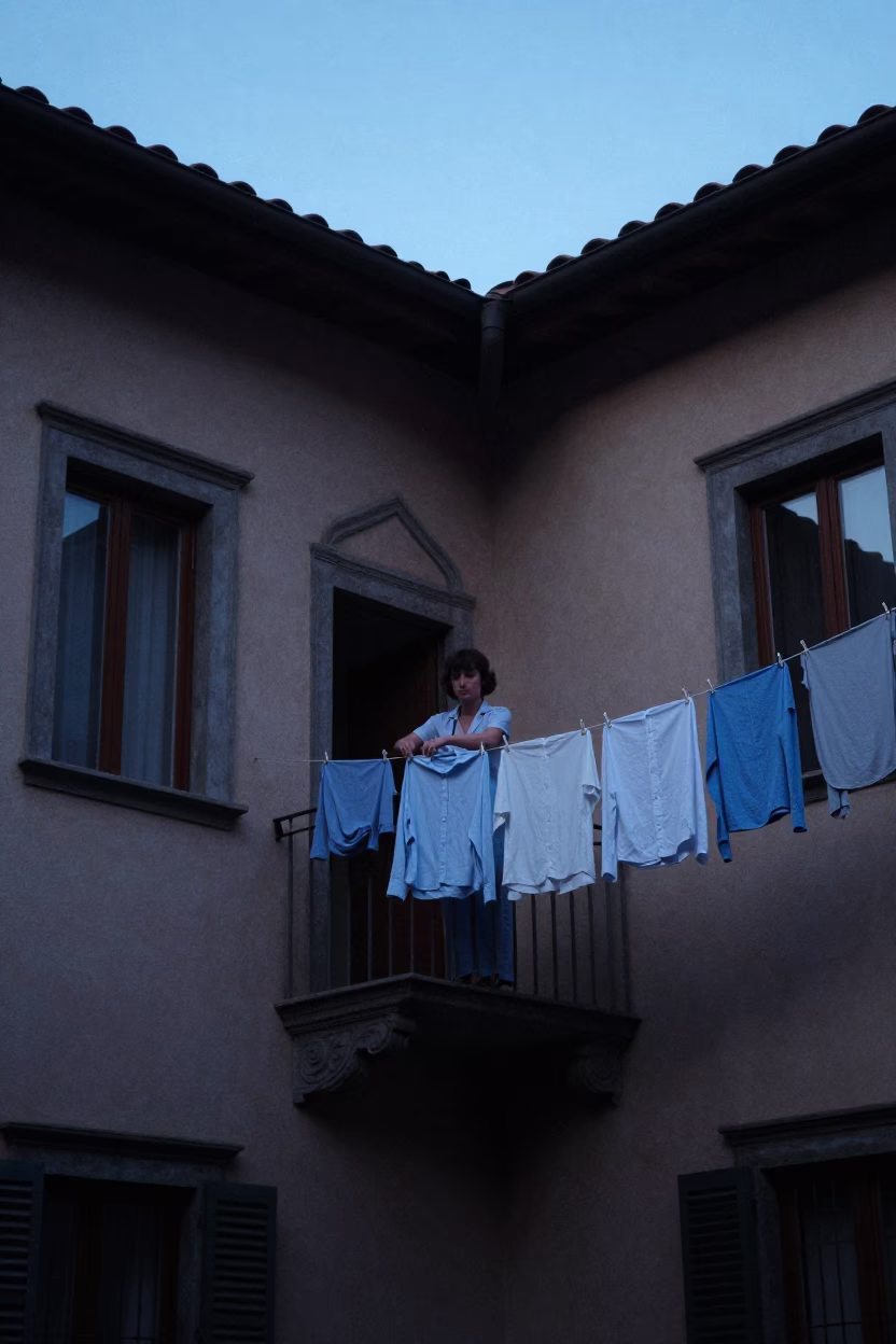 Milan Evening Blue Hour Woman Hanging Laundry Between Historic Apartment Buildings in in Milan, Italy