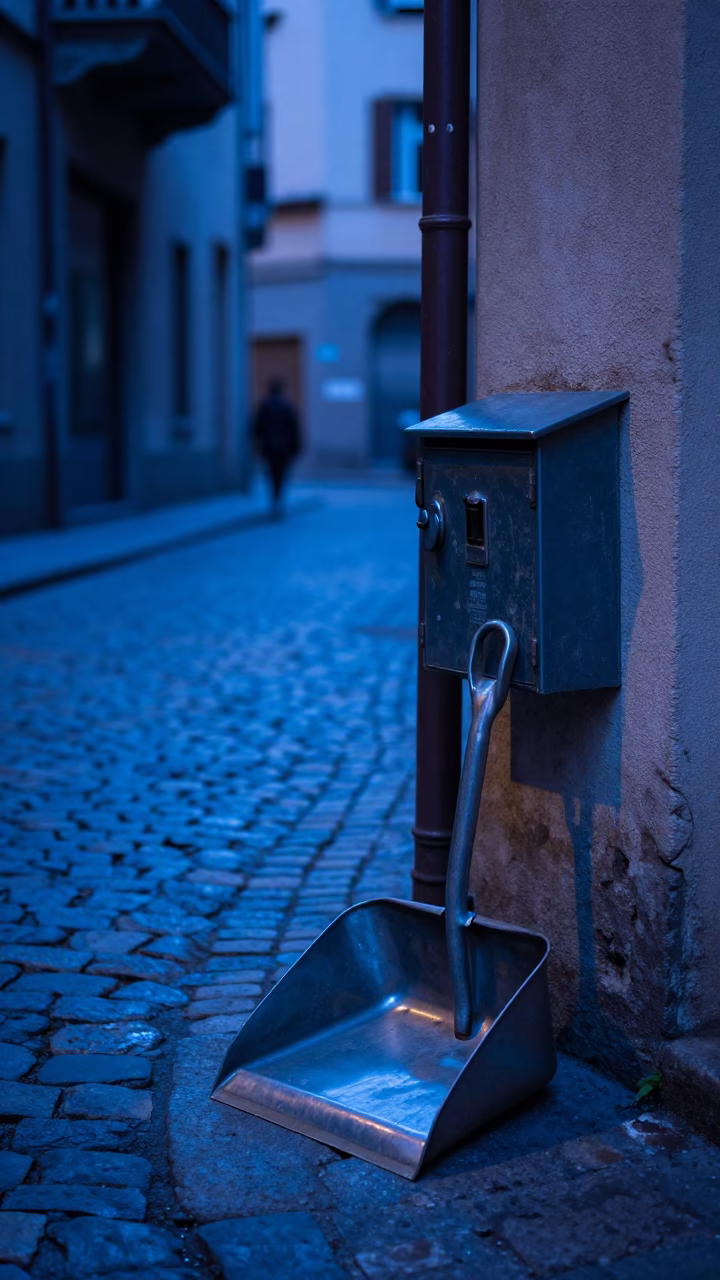 Milan Evening Blue Light Street Scene with Vintage Lockbox and Dustpan in in Milan, Italy