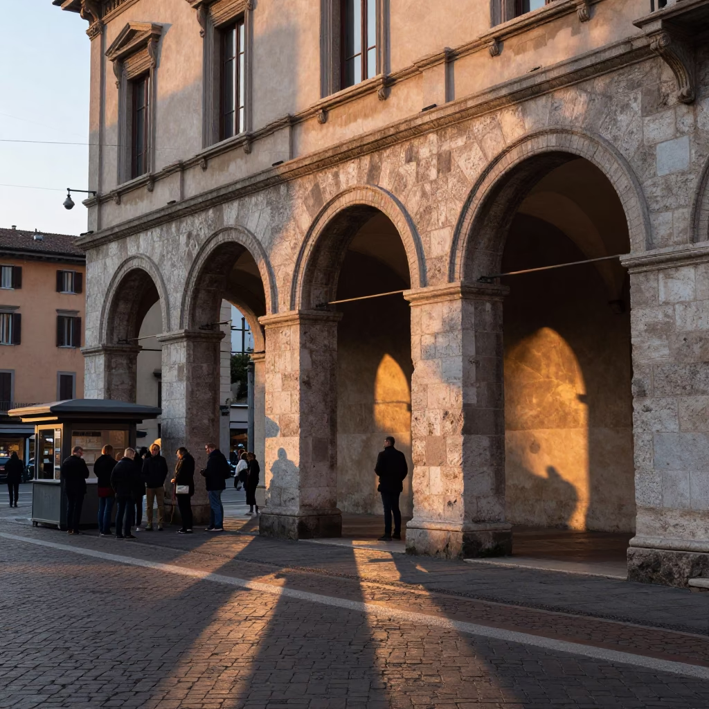 Milan Evening Light Illuminating Stone Archways and Urban Life in Italy in in Milan, Italy