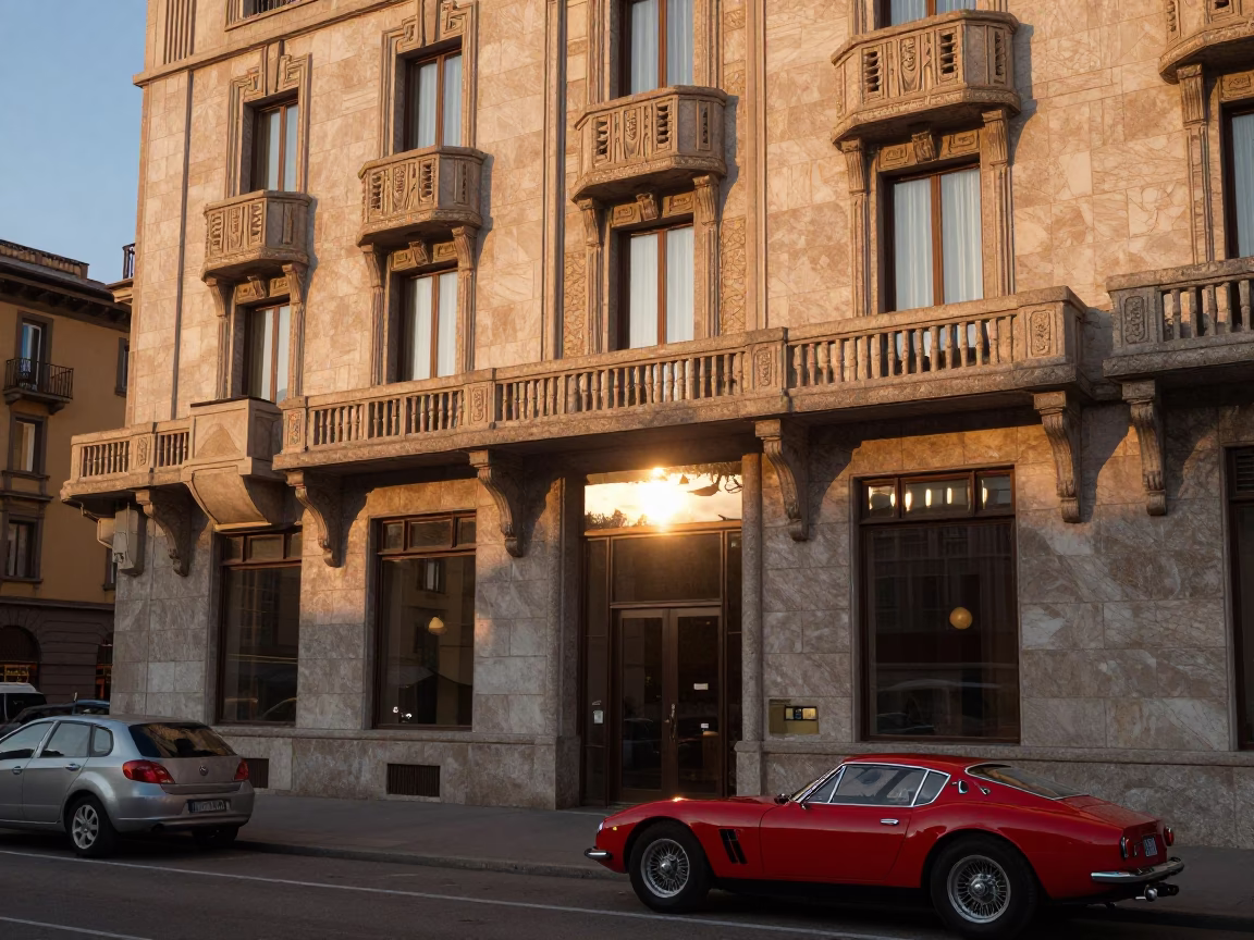 Milan Evening Light Reflects Off Art Deco Hotel Facade and Vintage Red Sports Car in in Milan, Italy