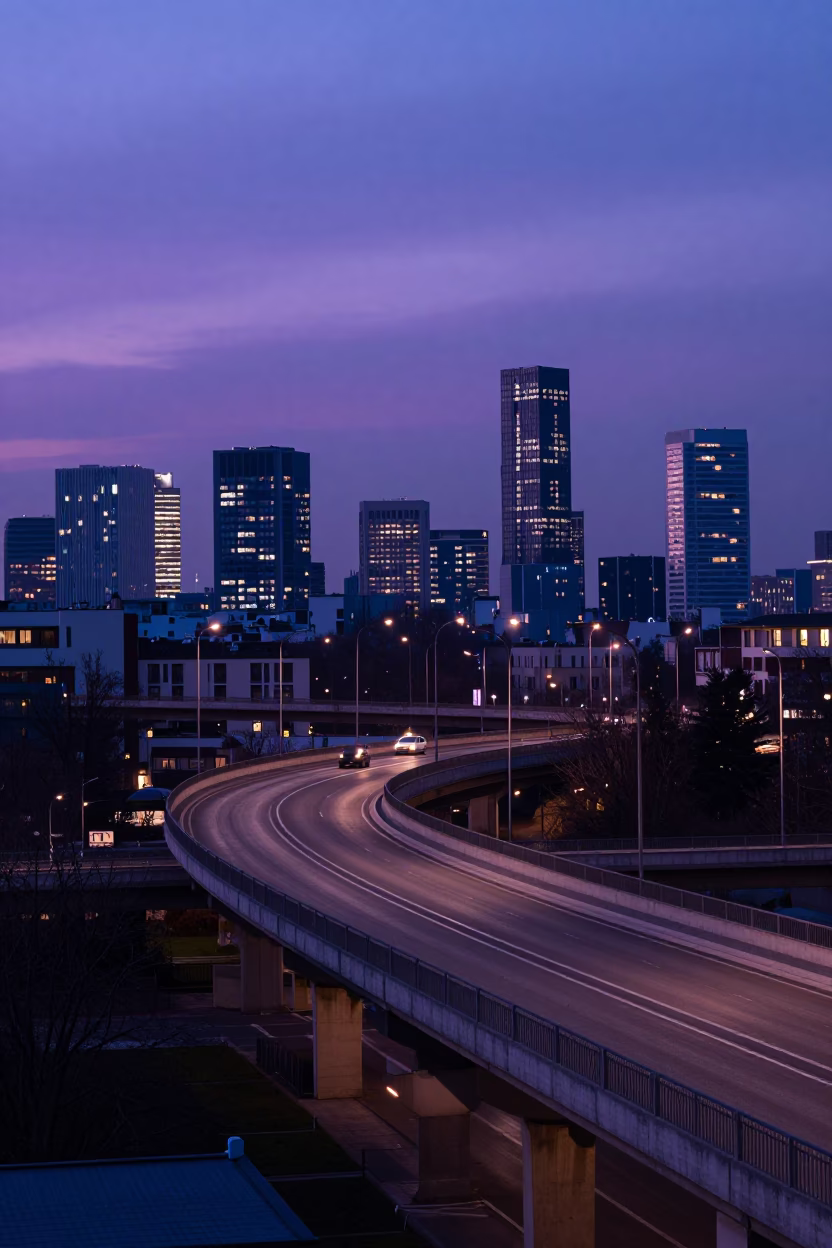 Milan Evening Skyline Overpass Ramp Slicing Violet Sky Above Urban Street Life in in Milan, Italy