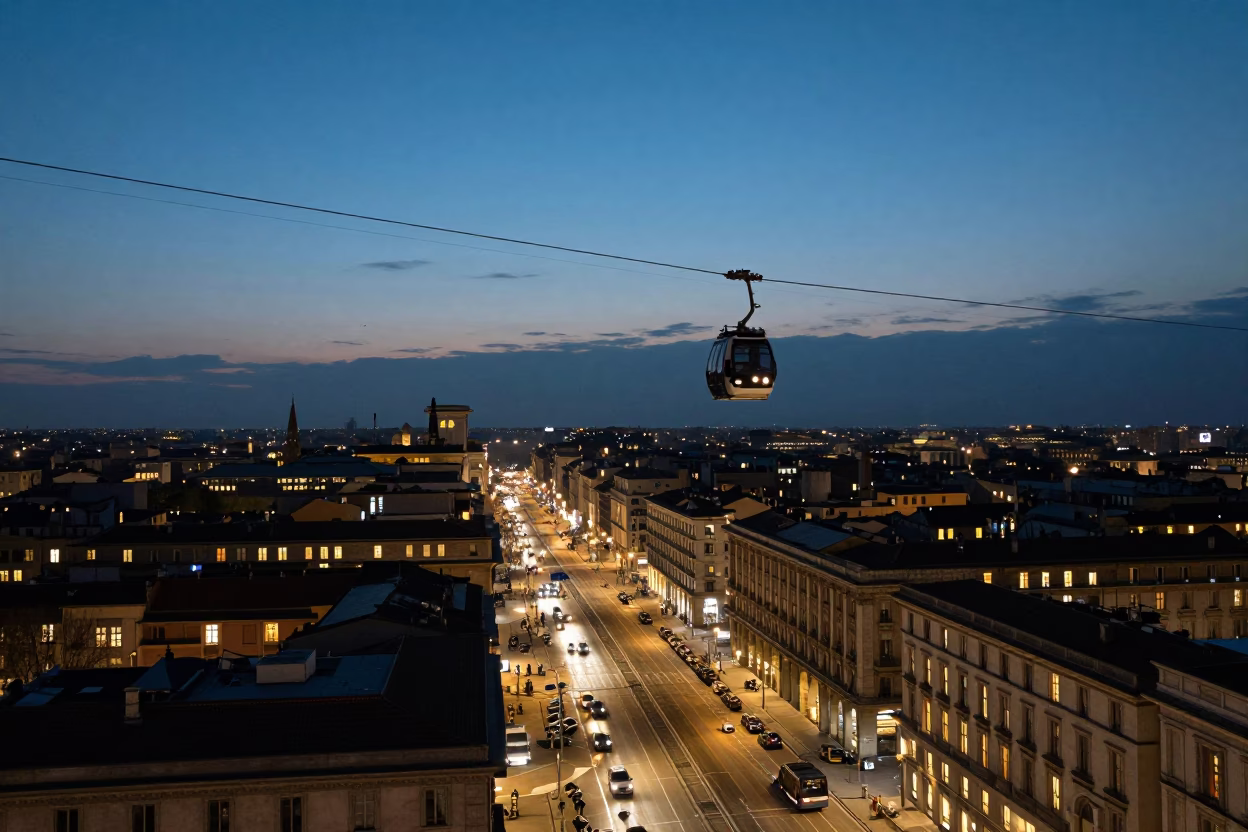 Milan Evening Street Scene with Aerial Tramway and Urban Glow in in Milan, Italy