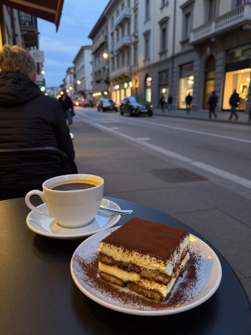 Milan Evening Street Scene with Ceramic Cup and Tiramisu at Cafe Terrace in in Milan, Italy