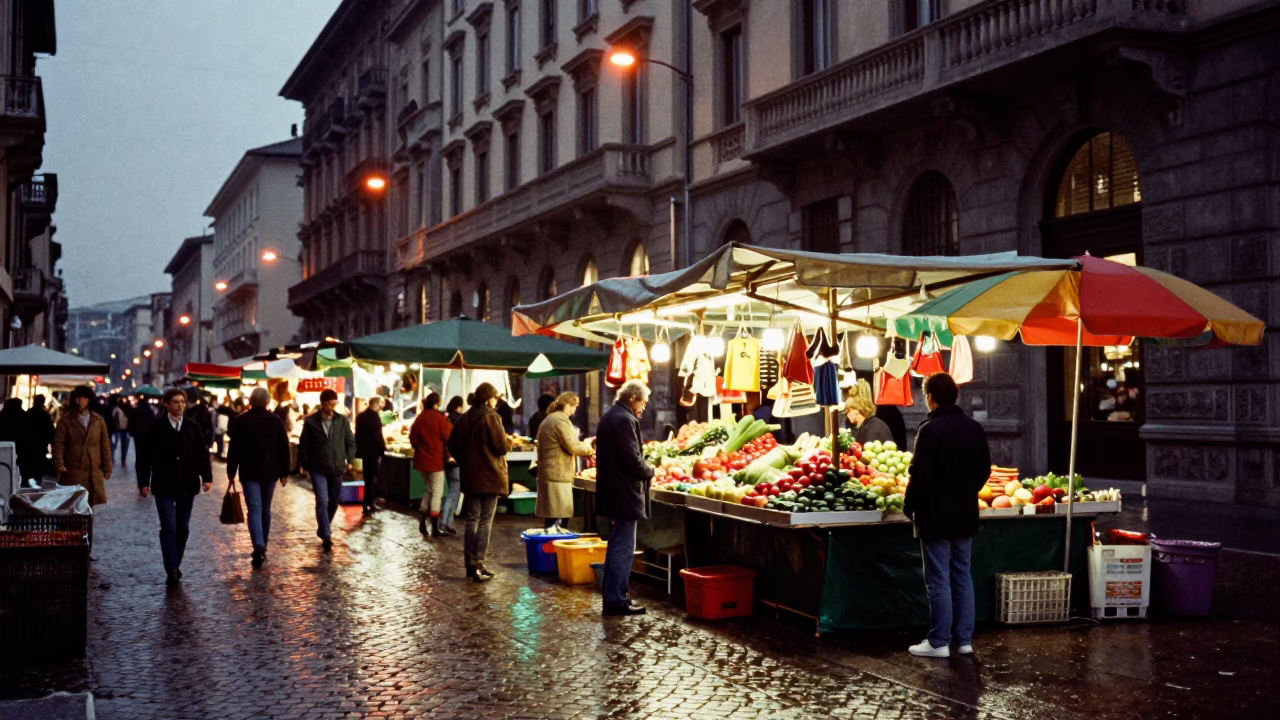 Milan Evening Street Scene with Colorful Market Stall and Local Life in in Milan, Italy