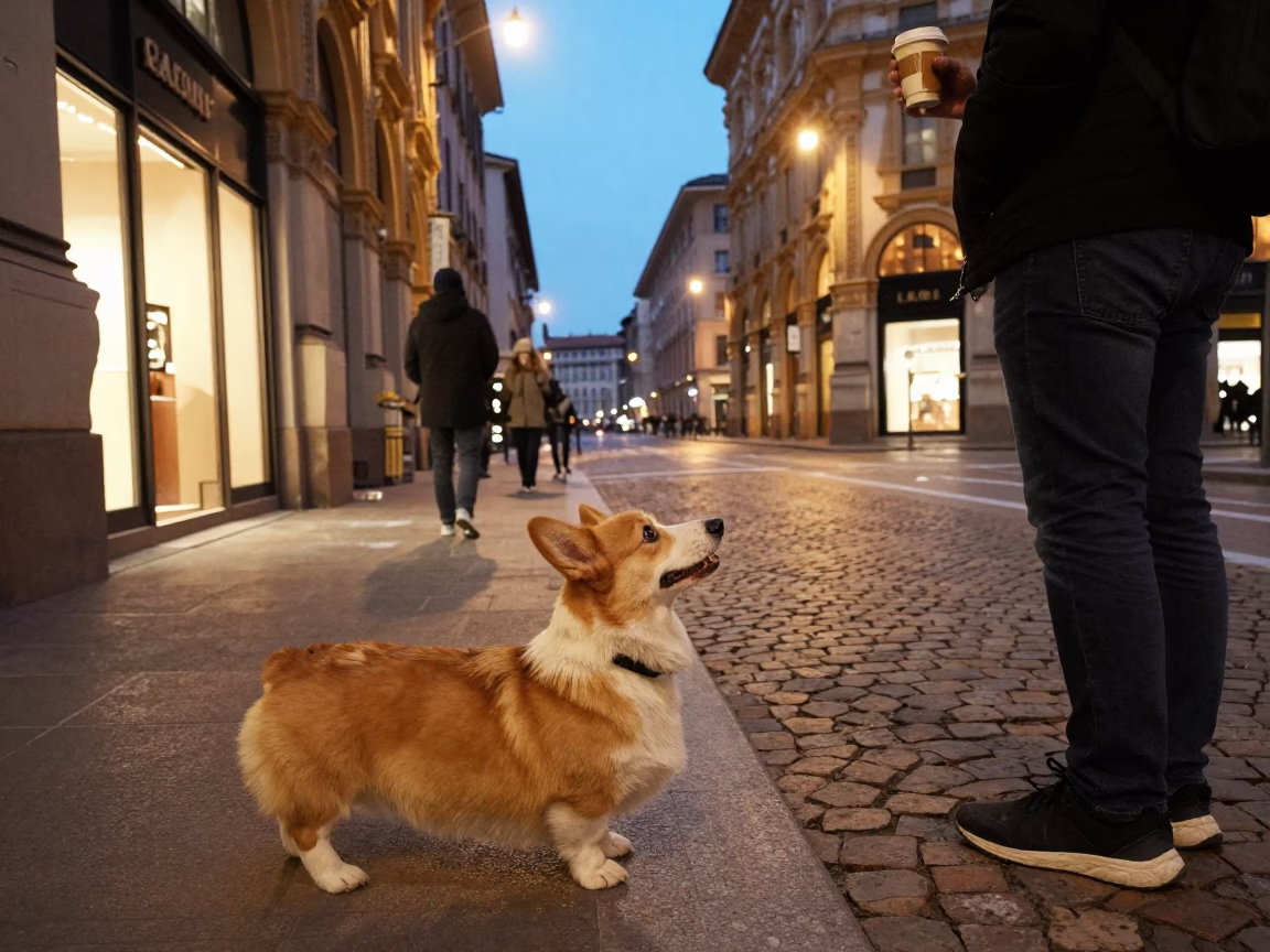 Milan Evening Street Scene with Corgi and Local Shop Details in in Milan, Italy