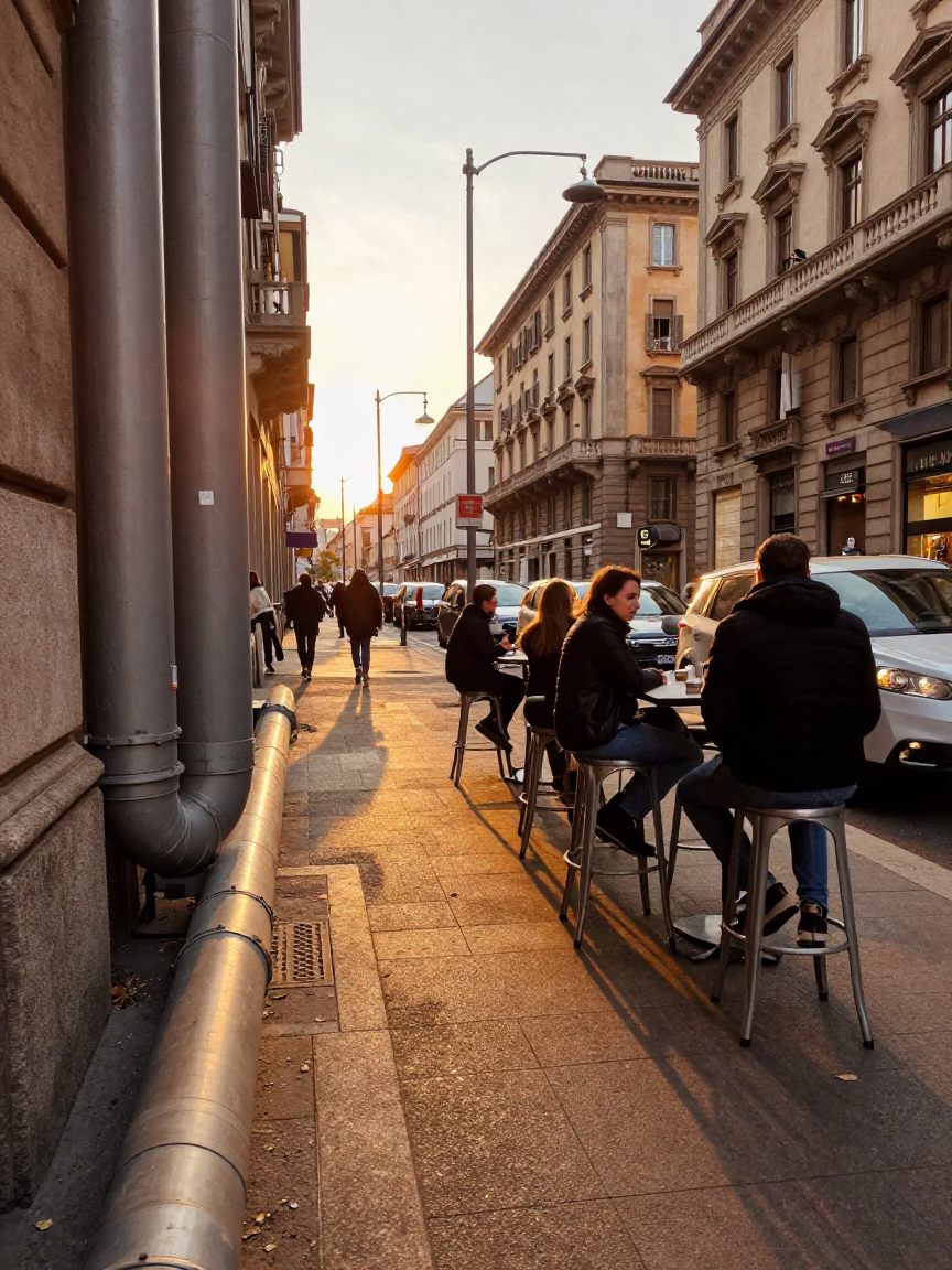 Milan Evening Street Scene with District Heating Pipes and Bar Stools in in Milan, Italy