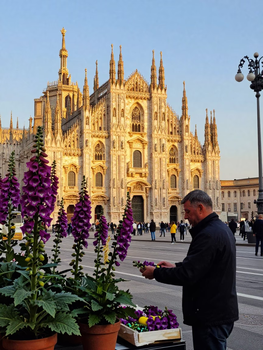 Milan Evening Street Scene with Foxglove Spire in Honeyed Light in in Milan, Italy