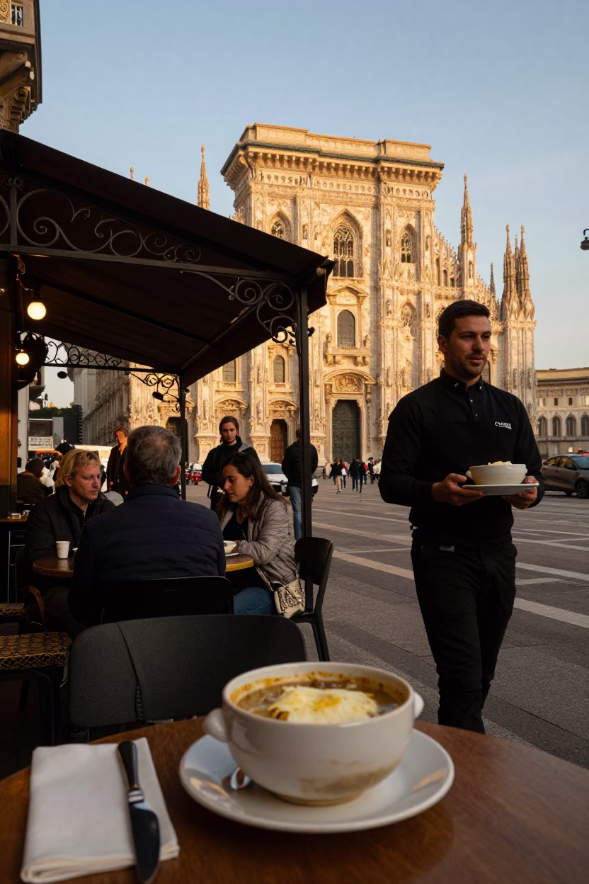 Milan Evening Street Scene with French Onion Soup and Local Dining Atmosphere in in Milan, Italy