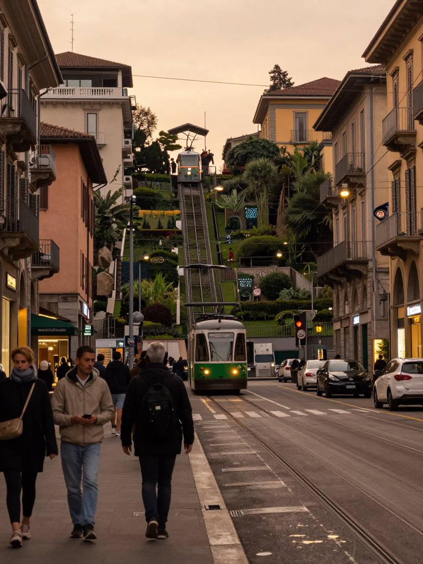 Milan Evening Street Scene with Funicular and Local Life in in Milan, Italy